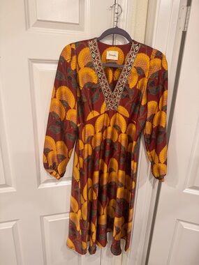 Bohemian V-Neck Midi Dress in Rust and Yellow